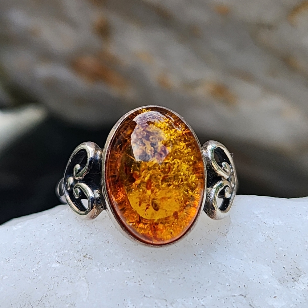 Amber Celtic Ring Sterling Silver 925 Baltic Honey Cognac Natural Amber Jewelry